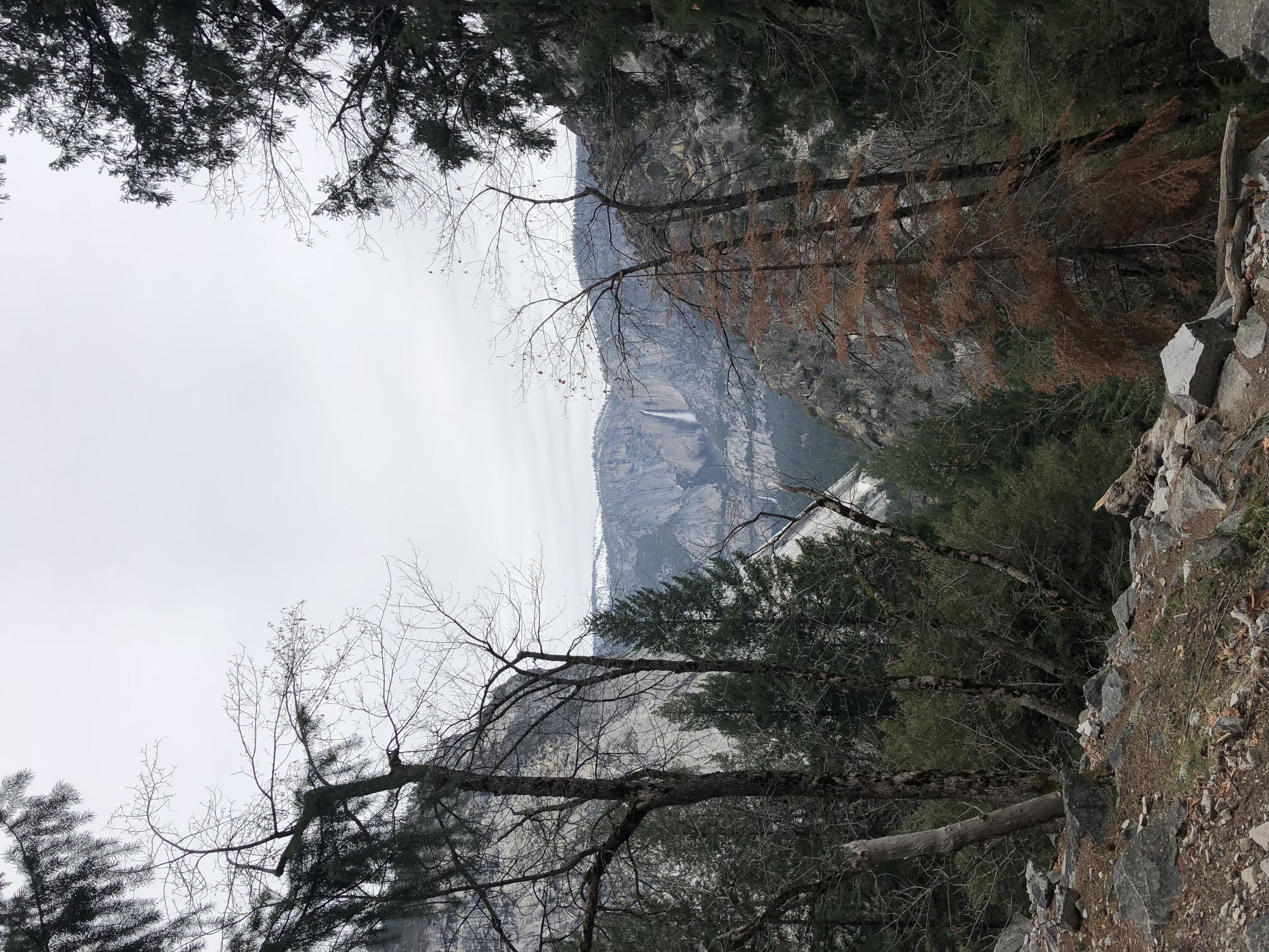 a view of a far-away waterfall in Yosemite National Park